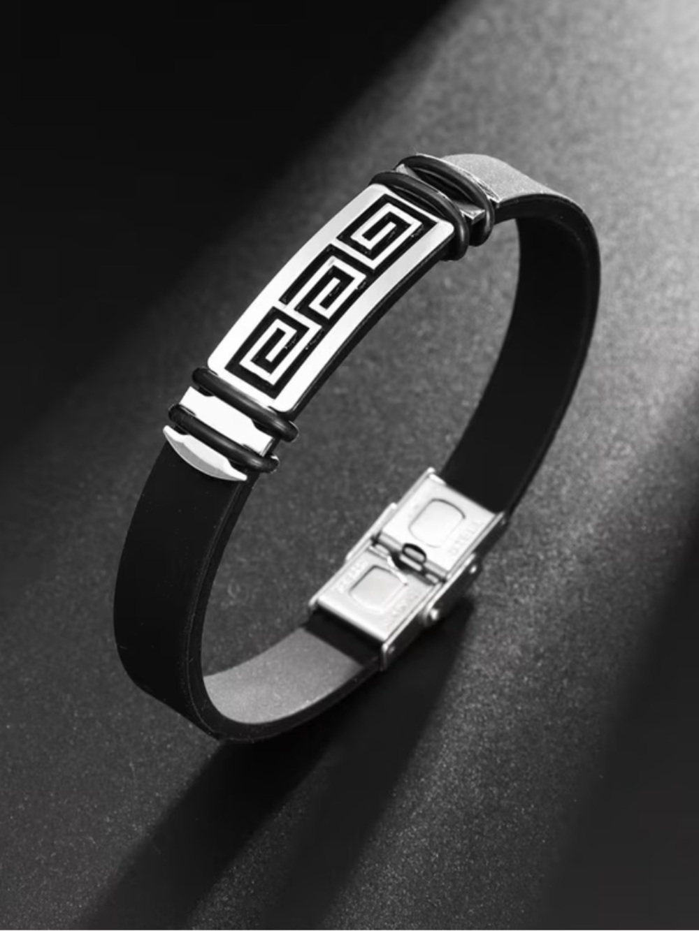 Men's Black Silicone Bracelet with Silver Greek Key Accent